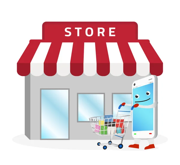 Smartphone desenhos animados compras na loja — Vetor de Stock