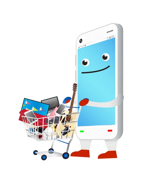 Smartphone rajzfilm a bevásárlókosár — Stock Vector