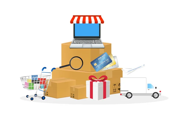 Objet de magasin en ligne avec panier boîte ordinateur portable camion de carte de crédit et avion — Image vectorielle