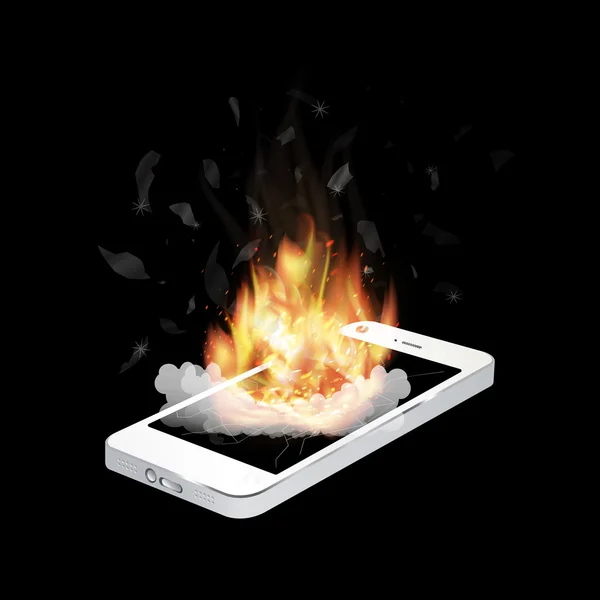 Broken smartphone explosion with burning fire — Stock Vector