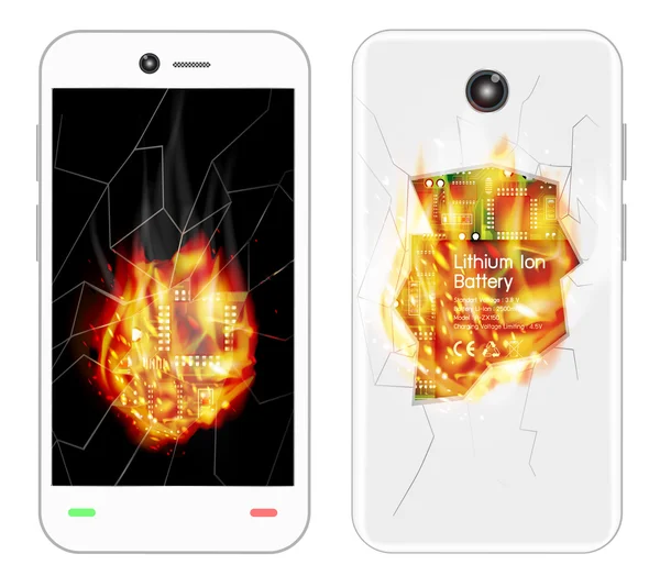 Explosion smartphone cassé avec feu brûlant — Image vectorielle