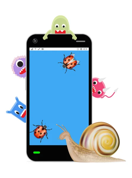 Smartphone lent avec virus et bug — Image vectorielle