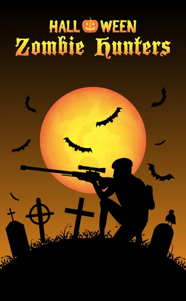 Cadılar Bayramı zombi avcısı ile mezarlık, keskin nişancı — Stok Vektör