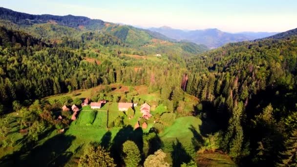 Vista aérea da aldeia nas montanhas dos Cárpatos — Vídeo de Stock