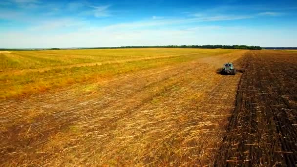 Vue aérienne du tracteur labourant le sol — Video