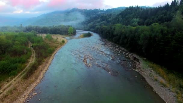 Luchtfoto van de rivier van de berg in de Karpaten op sunrise — Stockvideo