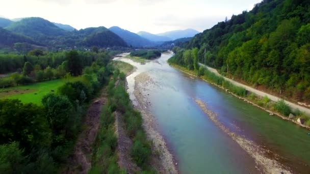 Luftaufnahme des Gebirgsflusses in den Karpaten — Stockvideo