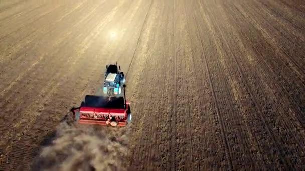 Luftaufnahme eines Traktors beim Säen von Weizen — Stockvideo