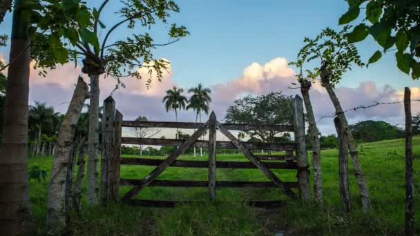 バック グラウンドで美しい曇りタイムラプスと木製の門 — ストック動画