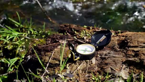 Kompass på trä nära lilla bäcken — Stockvideo