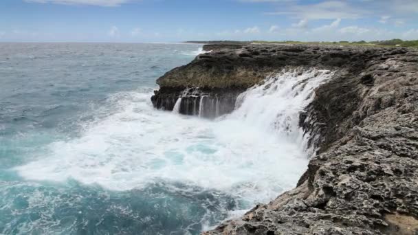 Океанская волна брызгает на риф — стоковое видео