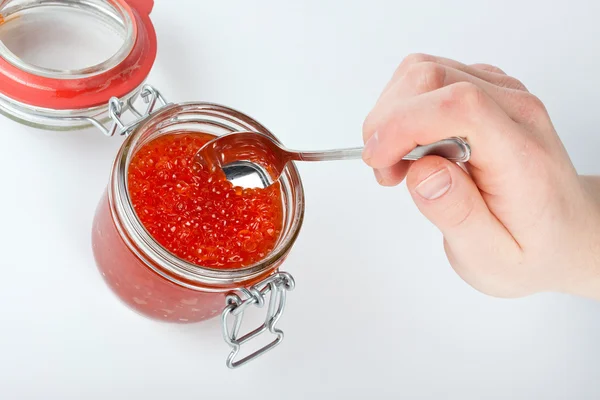 Red caviar in the jar — Stock Photo, Image