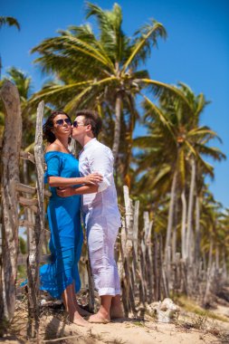 plaj çift romantik seyahat yürüyüş.
