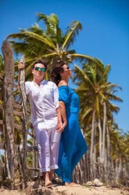 plaj çift romantik seyahat yürüyüş.