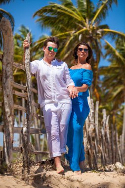 plaj çift romantik seyahat yürüyüş.
