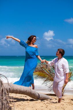 plaj çift romantik seyahat yürüyüş.