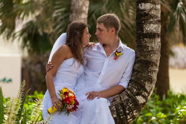 Nevěsta a ženich na pozadí palem — Stock fotografie
