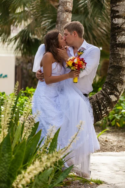 Novia y novio en el fondo de palmeras — Foto de Stock