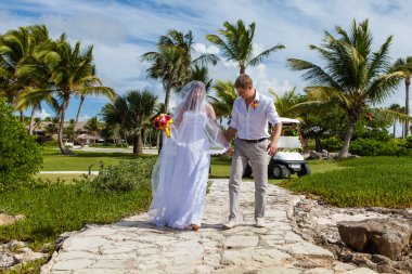 Gelin ve damat palmiye ağaçları arka plan üzerinde