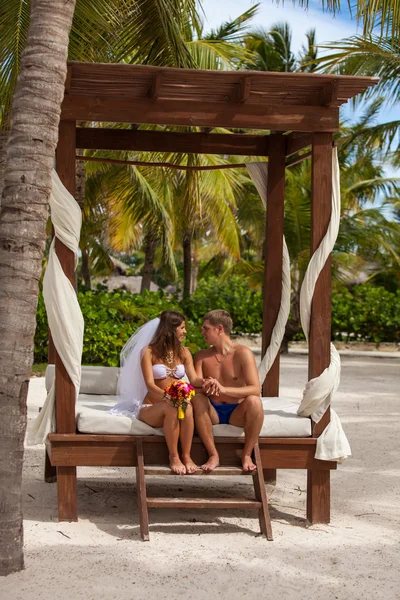 Husband and wife relaxing on sunbeds at the beach Royalty Free Stock Images