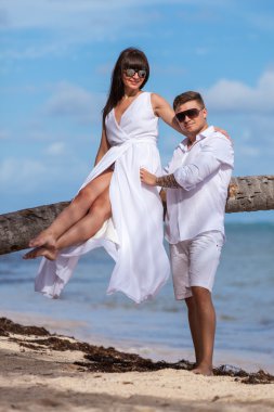 Genç sevgili çift. palmiye ağacı üzerinde oturan kız