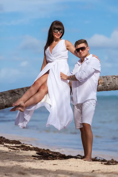 Young loving couple. Girl sitting on the palm tree — Stock Photo, Image