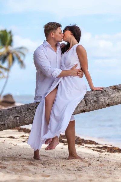 Young loving couple. Girl sitting on the palm tree — Stock Photo, Image