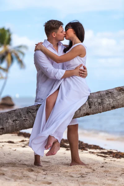 Genç sevgili çift. palmiye ağacı üzerinde oturan kız