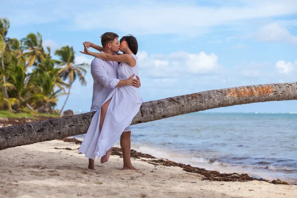 Genç sevgili çift. palmiye ağacı üzerinde oturan kız