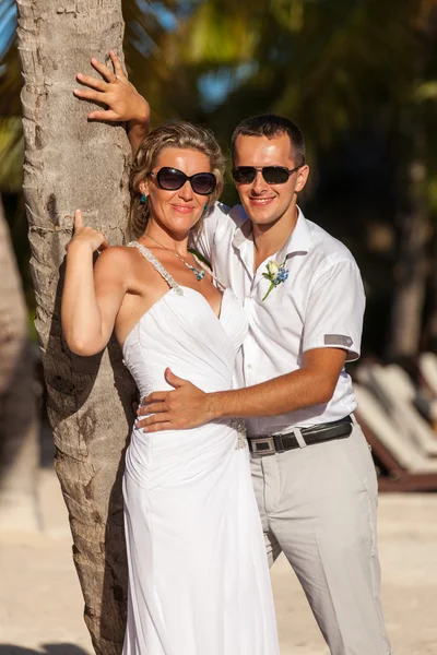 年轻夫妇在棕榈树的背景 — 图库照片
