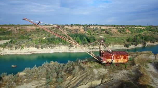 Aerial: giant mining excavator in a quarry — Stock Video