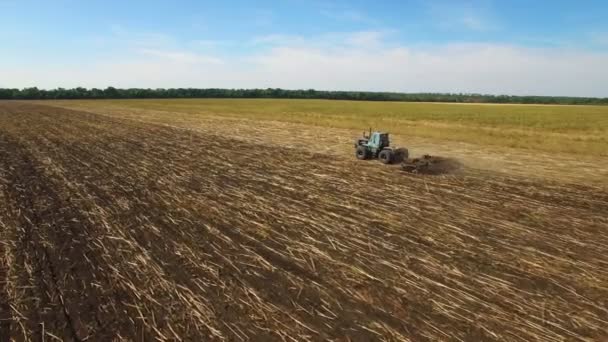 Antenne: Traktor pflügt den Boden — Stockvideo