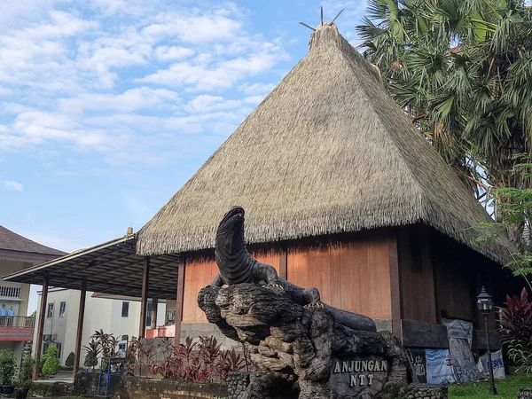 Atap Beratap Dan Pohon Palem Rumah Kecil Dengan Atap Jerami — Stok Foto