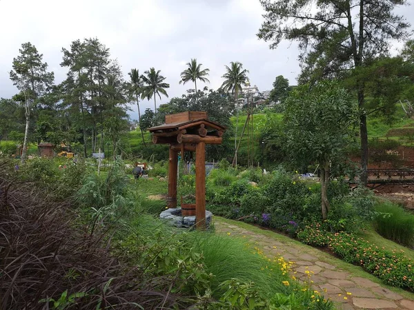 Ξύλινο Πηγάδι Στον Καταπράσινο Κήπο Καλά Στο Καταπράσινο Κήπο Στην — Φωτογραφία Αρχείου
