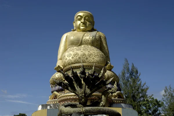 Gordo, Buda rindo sobre o céu azul . — Fotografia de Stock