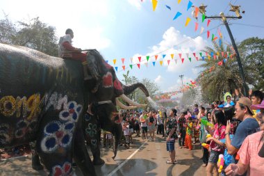 AYUTTHAYA, THAILAND - 14 Nisan 2019 Mahout ve fili neşeyle su sıçratıyor. Tayland 'ın Ayutthaya kentinde Ayutthaya Tarihi Parkı' nda Songkran Festivali 'nde (Su Festivali) genç fil eğlencesi ve mutluluğu.