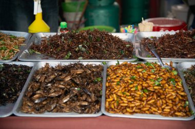 Tayland pazarlarında tuzlanmış böcekler bu tür yiyecekler Tayland halkı arasında popülerdir.. 