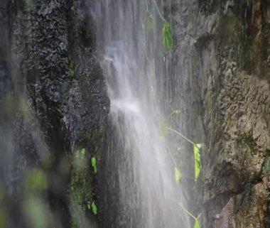 Soğuk şelale uçurumdan aşağı akar. Tayland 'ın derin ormanlarında akan berrak mavi su tabakalarıyla.