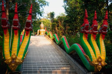 Ranong 'un güneyindeki Prayam Adası' ndaki Wat Prayam tapınağındaki tepenin üstünde altın rengi Buda heykeli..