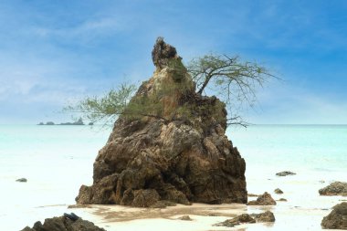 Kaya ve deniz manzaralı Rocky plajı. Kayalık kayalıklar ve kumsaldaki deniz dalgaları.