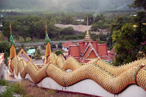 位于泰国南部拉农省的Wat Waree Bunphot泰寺 沿着楼梯到佛像的金色和青铜巨大的纳迦雕塑侧视图 — 图库照片
