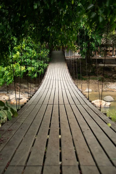 Holzhängebrücke Über Den Bach Ein Überwachsener Baum Einem Park Thailand — Stockfoto