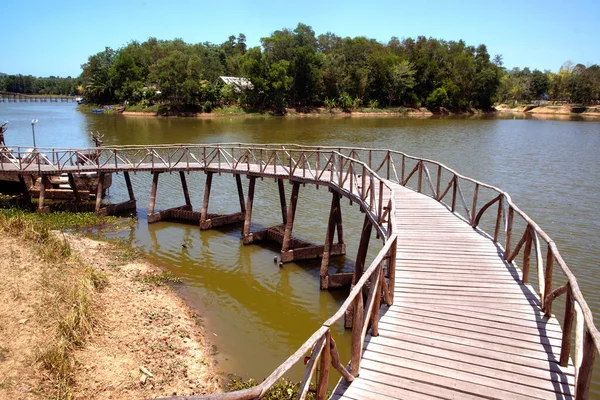 Wooden Walkway Bridge Reservoir Park Built Tourism Thailand — Stock Photo, Image