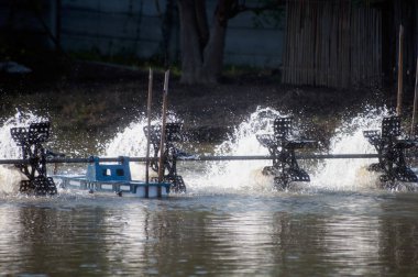 Bir su türbini, suya oksijen eklemek için hava kabarcıkları oluşturmak için su birikintisindeki suyu ileri bir pervaneyle döndürmek için kullanılır..