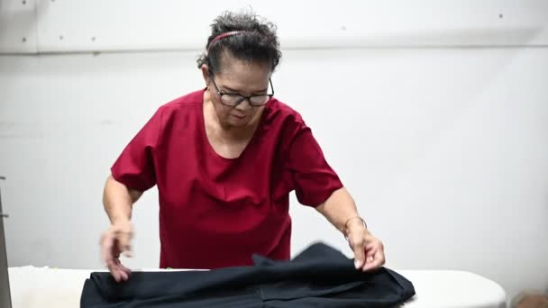 Asian Elderly Woman Who Housewife Folding Clothes Laundry Ironing — Stock Video