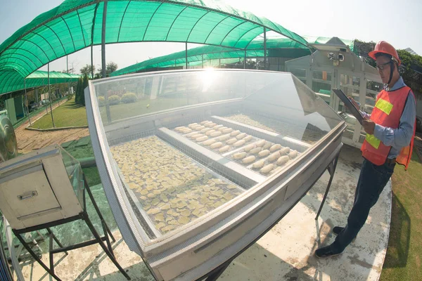 亚洲男性工程师检查和记录太阳能水果孵化器 — 图库照片