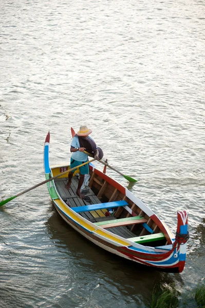 Traditional Boat On The Lake Near U-Bein Bridge In Myanmar.