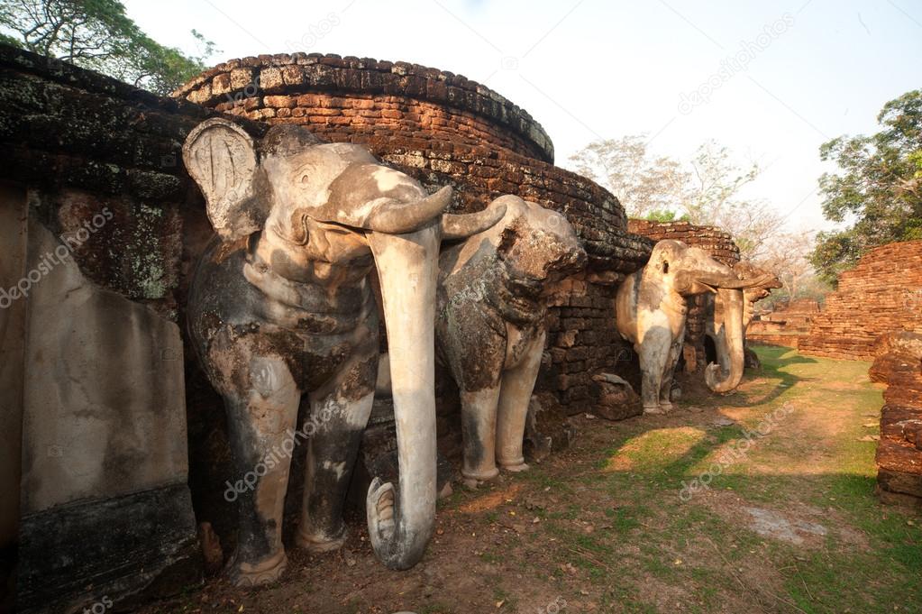Elephant statue at pagoda in ancient temple .