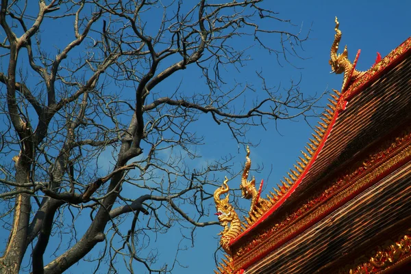 Thailändische Kunst der Schlange auf dem Dach einer Kirche in einem thailändischen Tempel. — Stockfoto