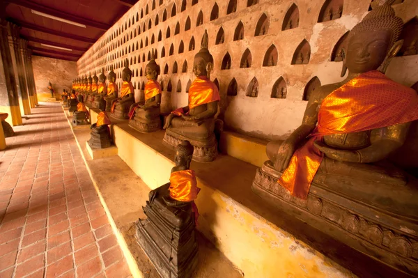 Řada soch Buddhy na zdi kostela v Si Saket Temple. — Stock fotografie